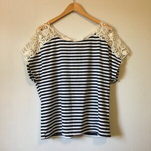 Whimsigoth Black & White Stripe and Crochet Lace Shoulder Tie Back Top
